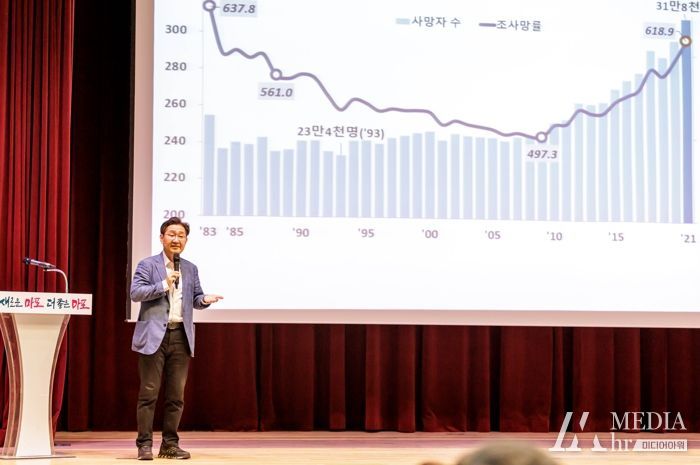 5일 오후 마포구청 대강당에서 유성호 법의학 교수가 특강을 하고 있다